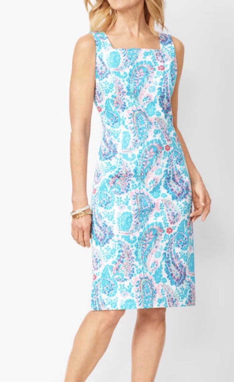 Talbots 10 p Fresco Paisley Sheath Dress Blue Pink designer wedding guest NWT